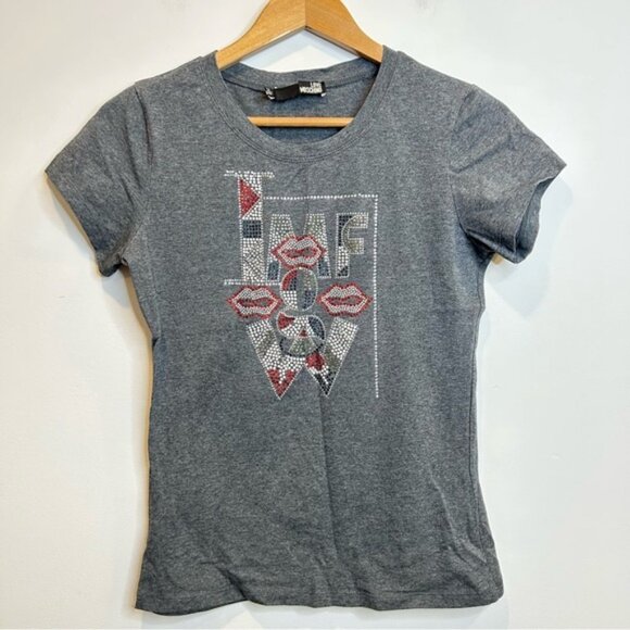 Love Moschino Crystal Design Short Sleeve Tee Shirt Grey - Picture 1 of 6